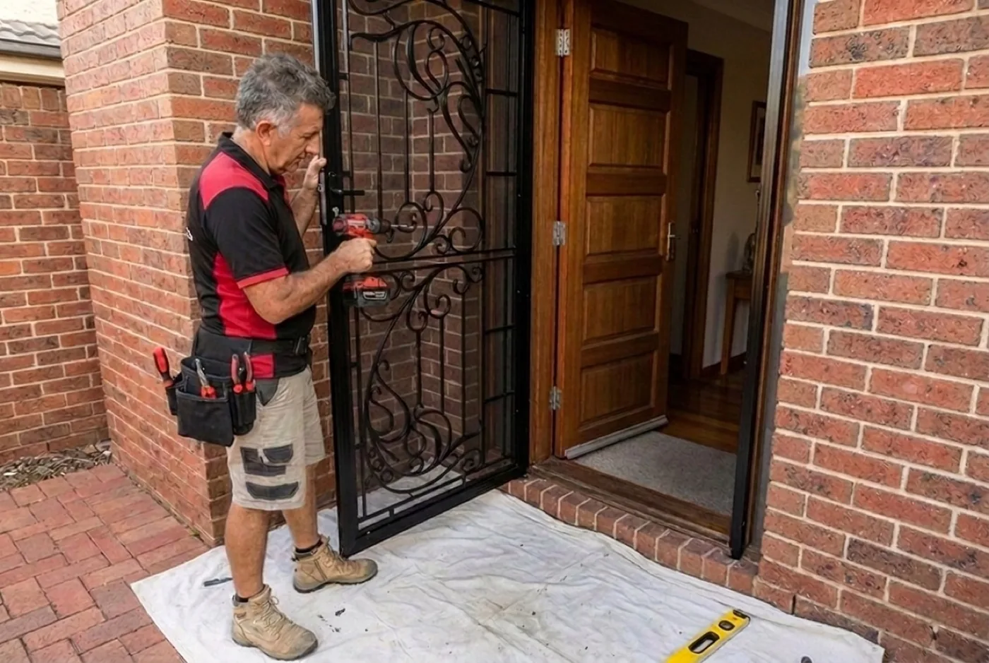 Taner installing a black security screen door on a Melbourne brick home